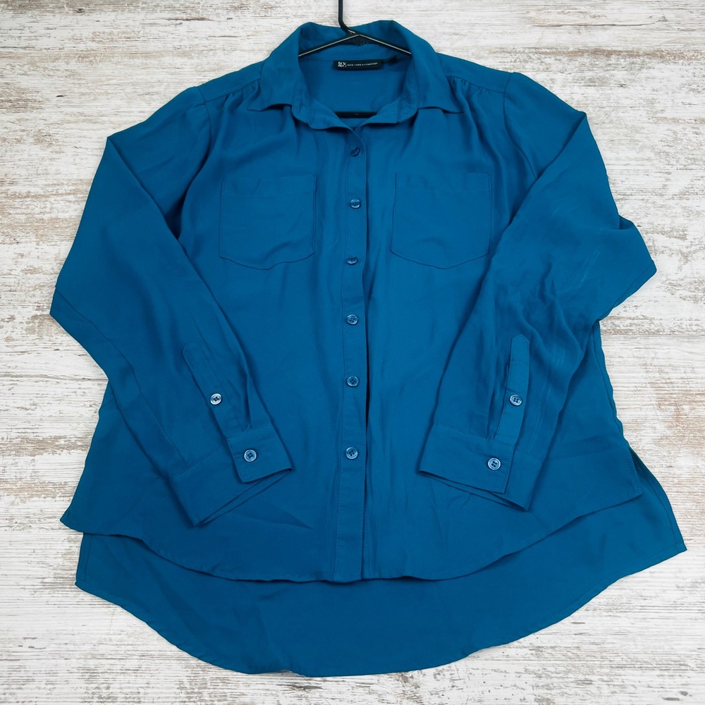 NY&Co Womens M Teal Blue Polyester Button Down Shirt Roll Tab Utility Blouse